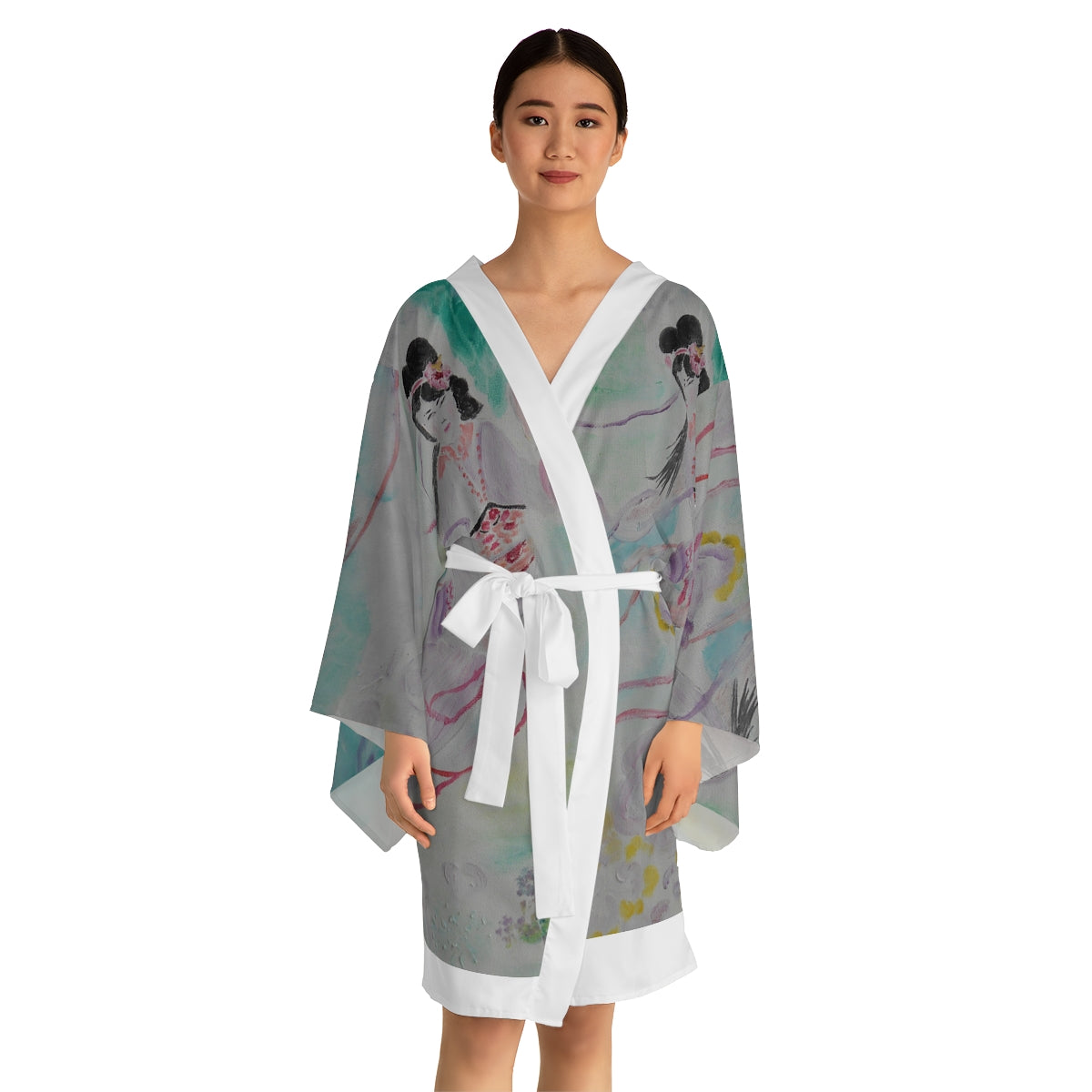 Long Sleeve Kimono Robe with Geisha