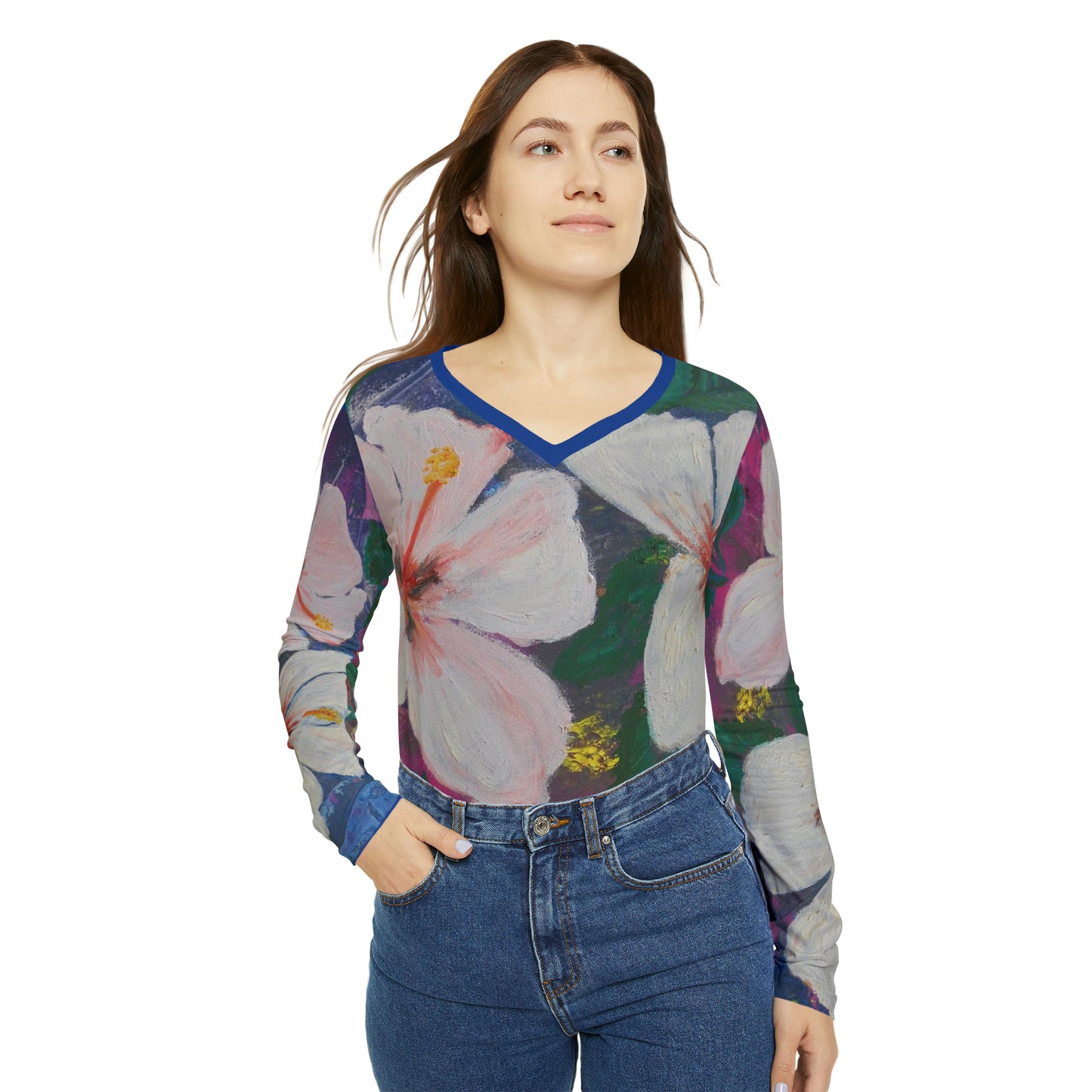 Brilliant Hibiscus Long Sleeve V-neck Shirt