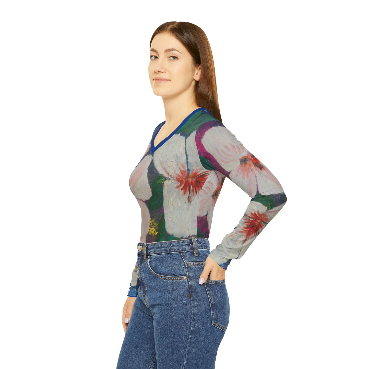 Brilliant Hibiscus Long Sleeve V-neck Shirt