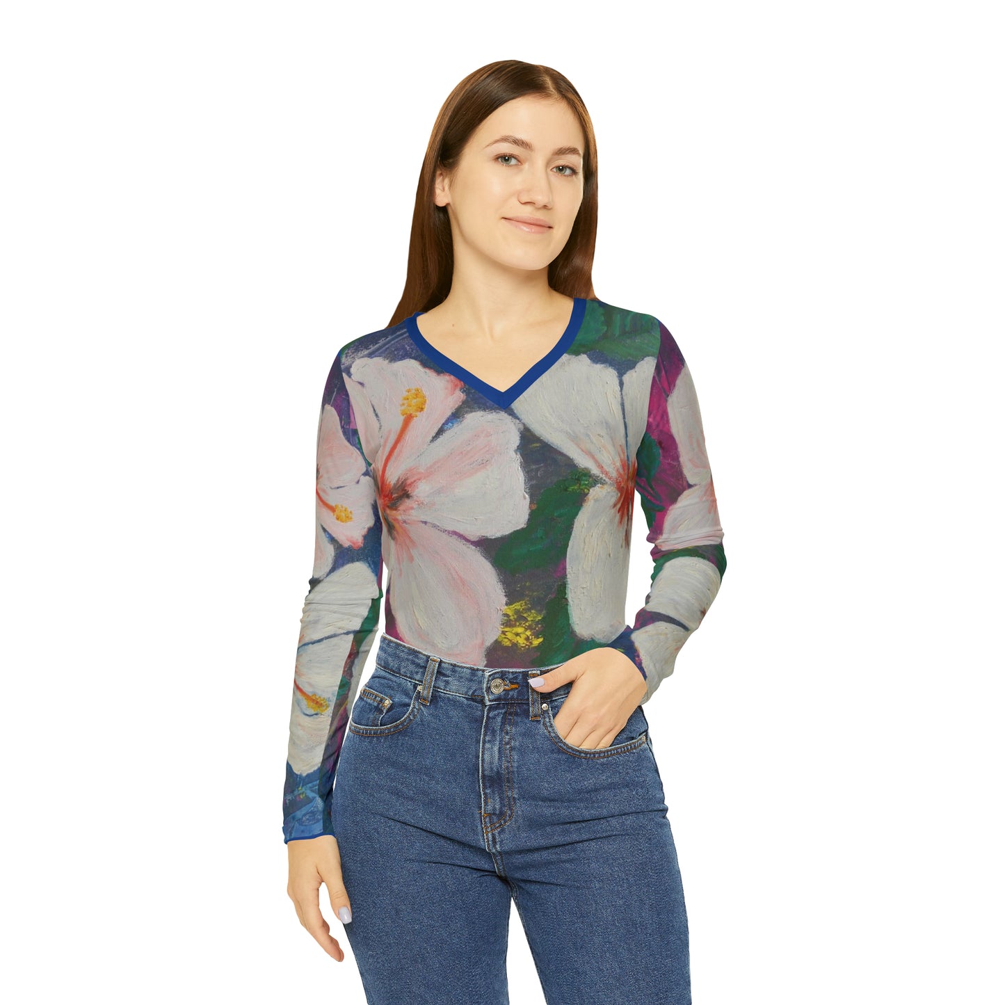 Brilliant Hibiscus Long Sleeve V-neck Shirt