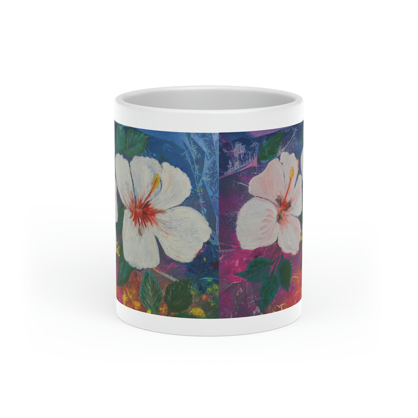 Oma Sonia's Colorful Hibiscus on a Heart-Shaped Mug