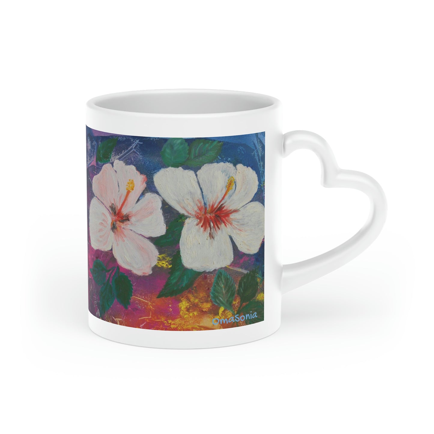 Oma Sonia's Colorful Hibiscus on a Heart-Shaped Mug