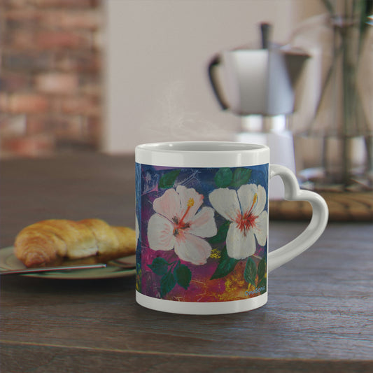 Oma Sonia's Colorful Hibiscus on a Heart-Shaped Mug