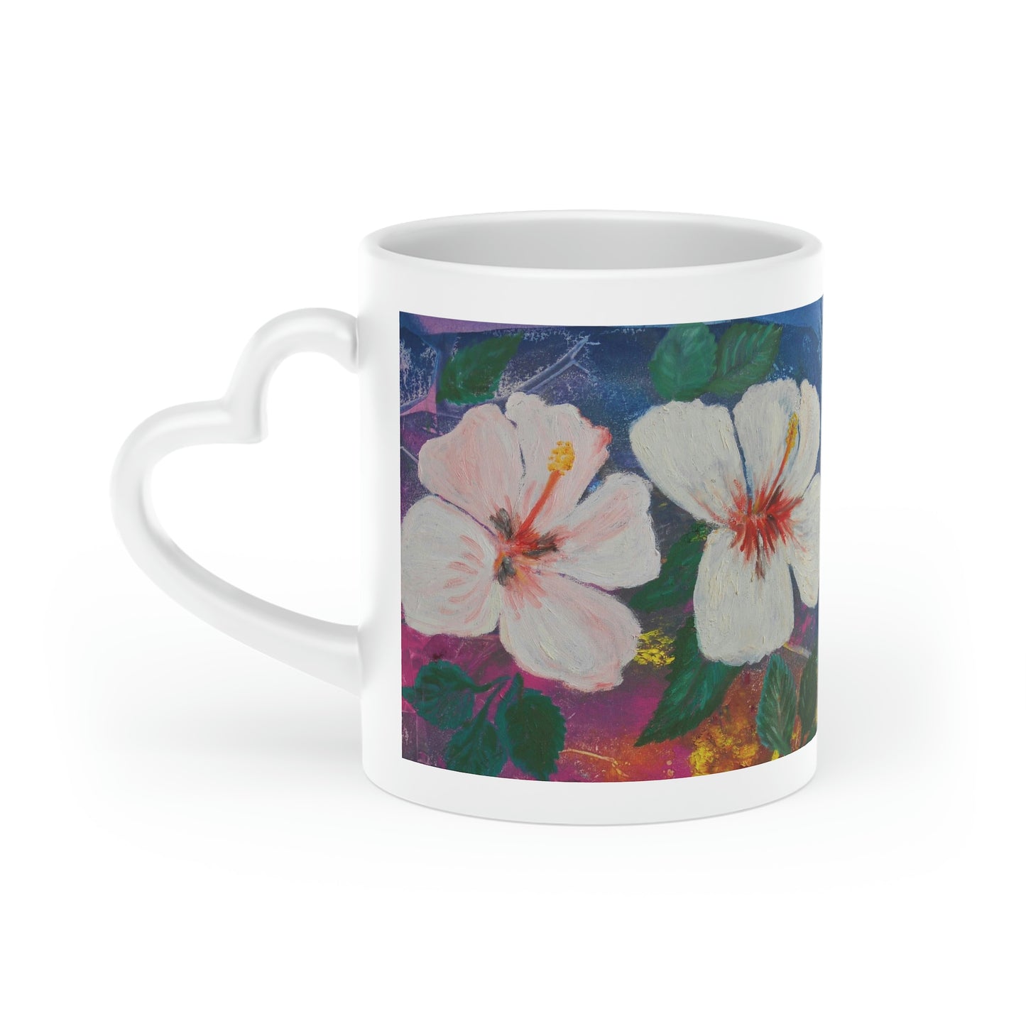 Oma Sonia's Colorful Hibiscus on a Heart-Shaped Mug