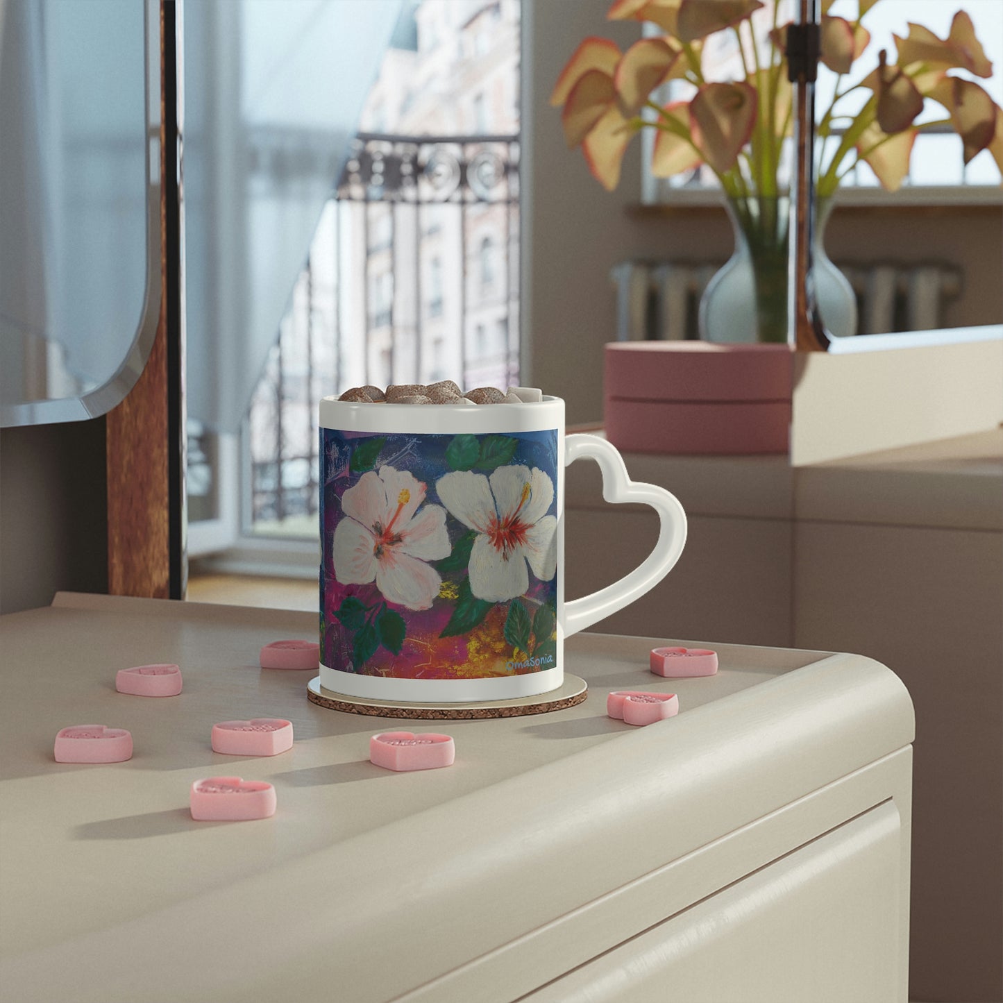 Oma Sonia's Colorful Hibiscus on a Heart-Shaped Mug